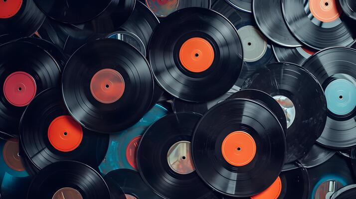 ai generated top view of a pile of many vintage vinyl records background high quality ai generative photo